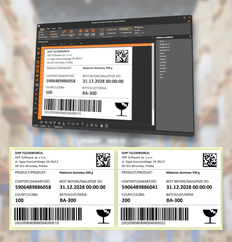 HDF Labels — program do drukowania etykiet samoprzylepnych z danymi seryjnymi, kodami GS1 (SSCC) i DataMatrix