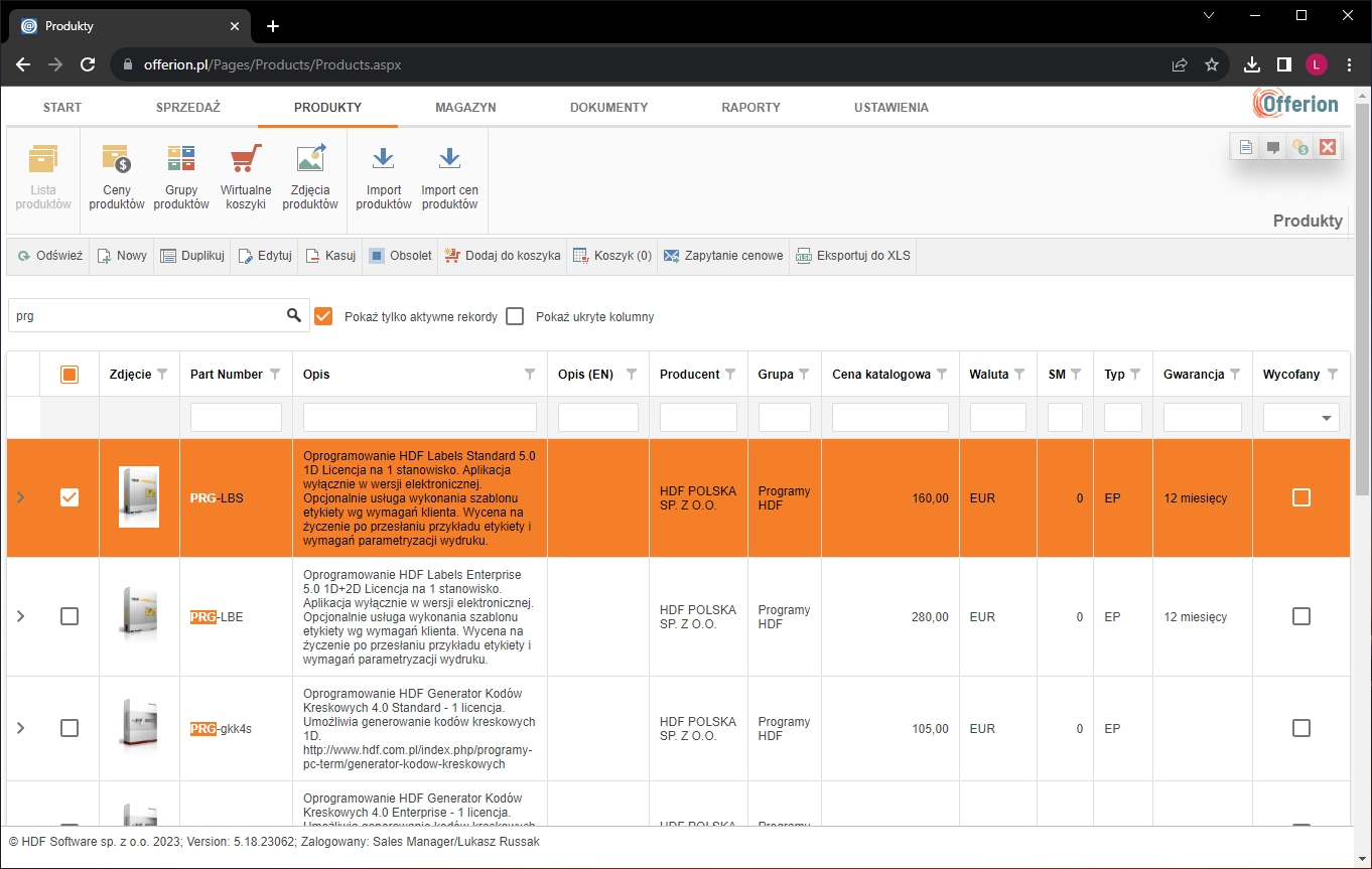 Zrzuty ekranowe systemu CRM firmy HDF